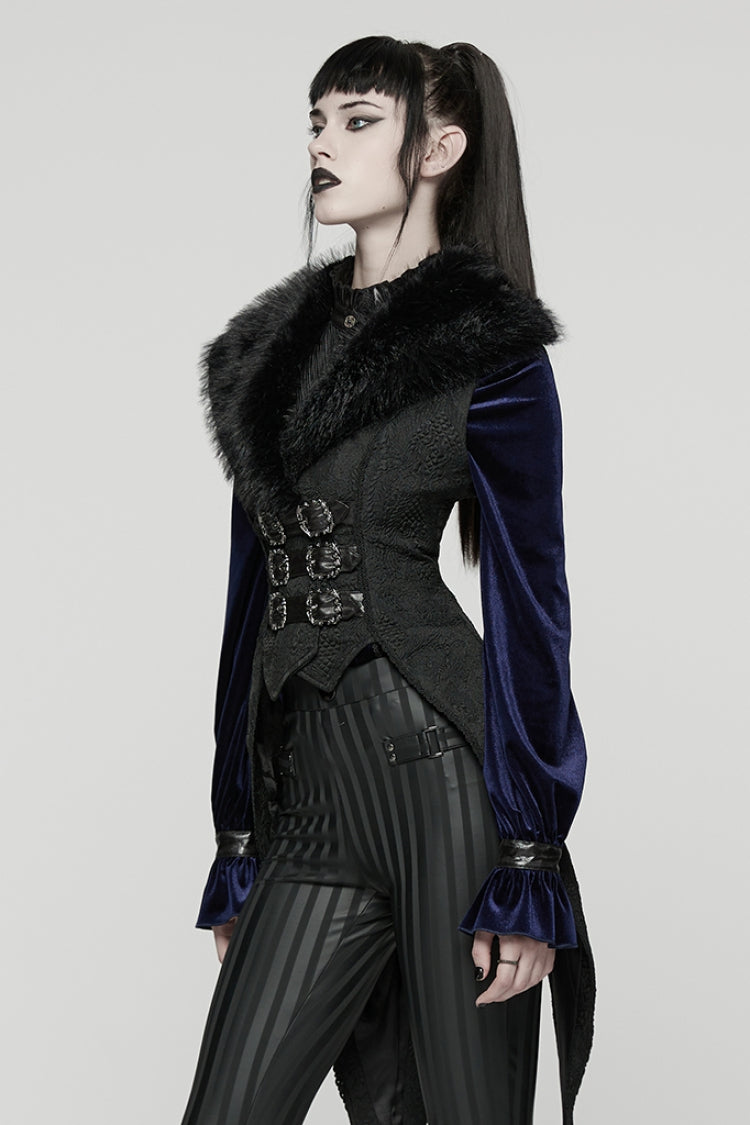 Black Sleeveless Jacquard Buckled Swallow-tailed Women's Gothic Vest - Product - 2