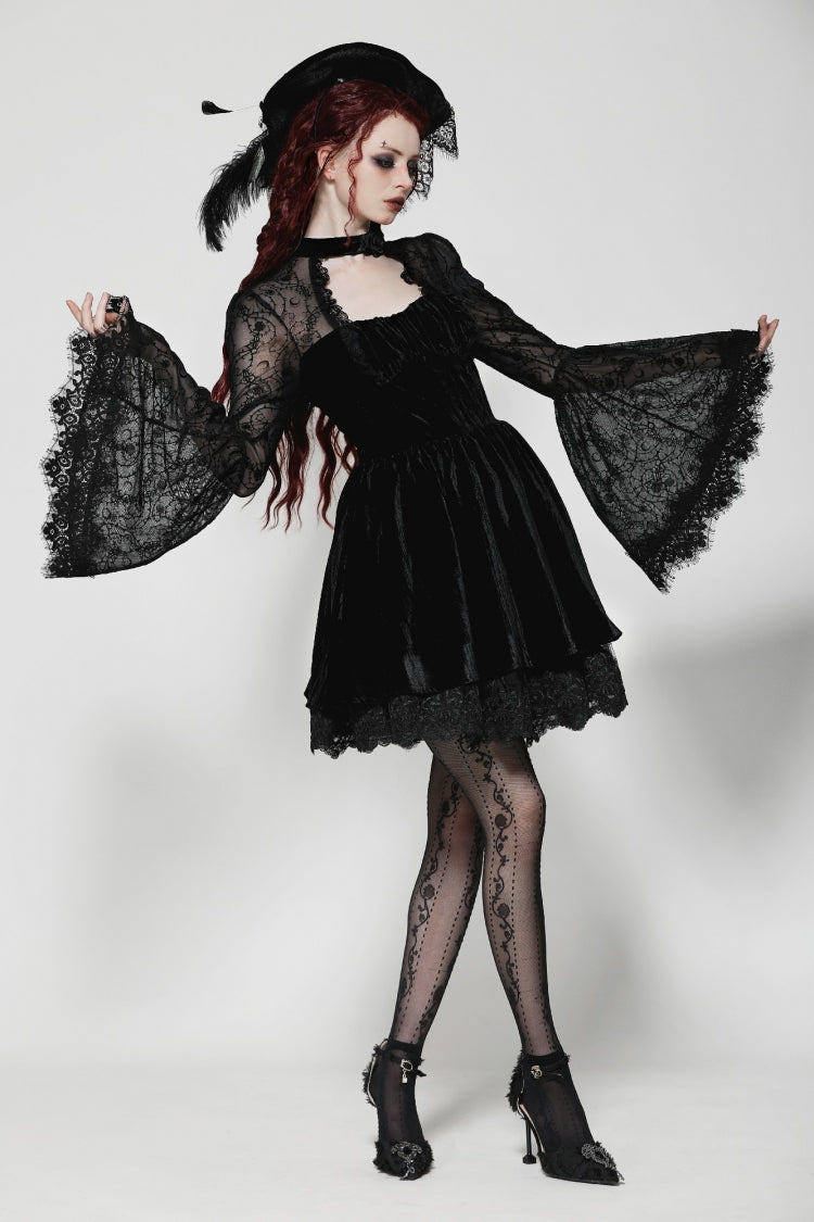 Black Lace Long Trumpet Puff Sleeves Floral Jacquard Cut-Out Lace-Up Women's Gothic Short Dress - Product - 8