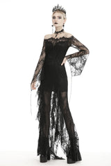 Black Off Shoulder Long Sleeves Lace Lace-Up Women's Gothic Mermaid Wedding Dress - Product - 10
