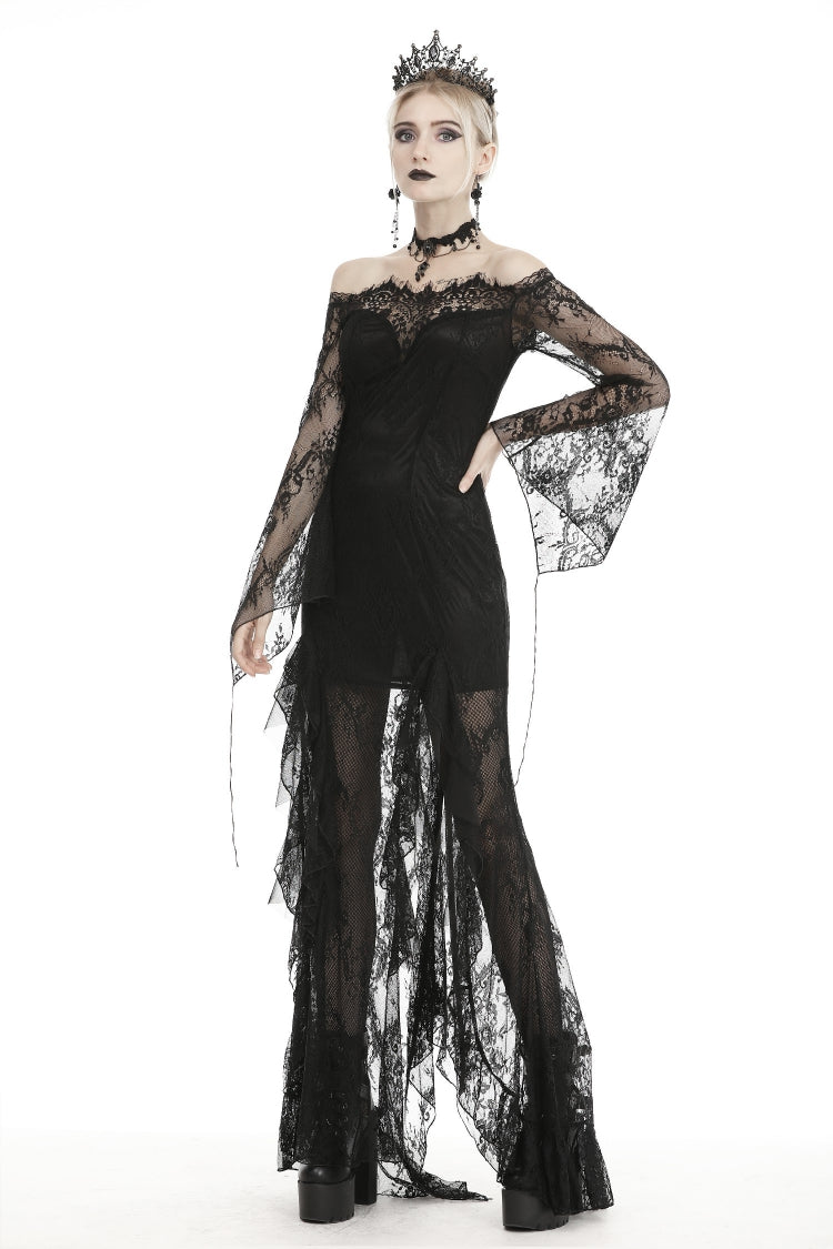 Black Off Shoulder Long Sleeves Lace Lace-Up Women's Gothic Mermaid Wedding Dress - Product - 10