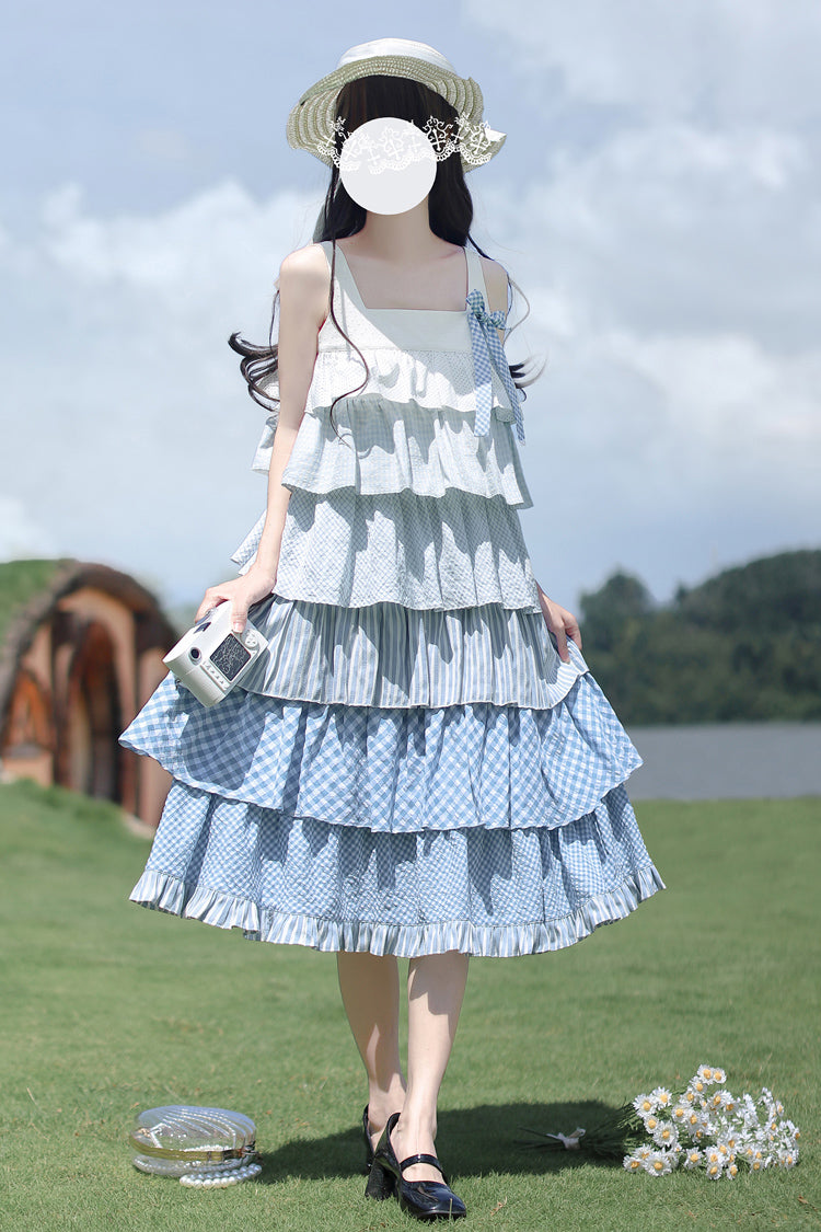 Blue [Go To The Beach] Multi-Layered Print Ruffle Holiday Sweet Lolita Jsk Dress - Blue - 1