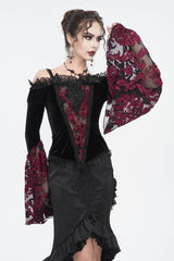Black/Red Off Shoulder Trumpet Sleeves Embroidery Lace Women's Gothic Blouse - Product - 2