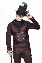 Red Front Floral Webbing Metal Retro Button Weft Velveteen Men's Gothic Tailcoat - Product - 2