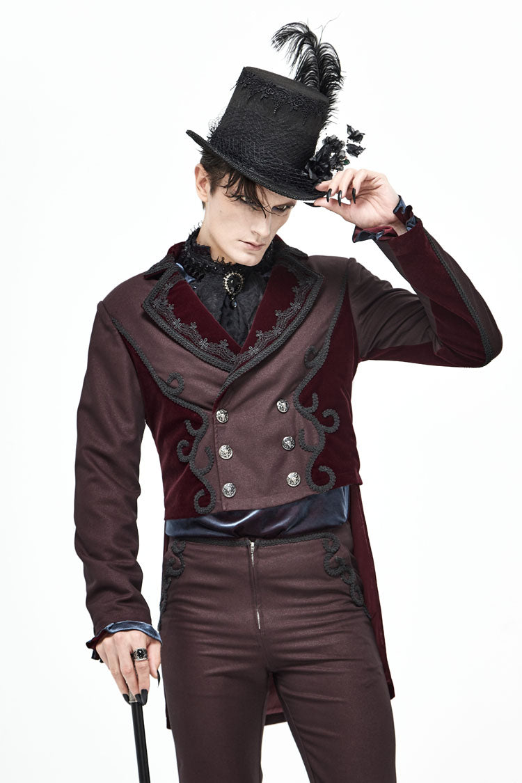 Red Front Floral Webbing Metal Retro Button Weft Velveteen Men's Gothic Tailcoat - Product - 2