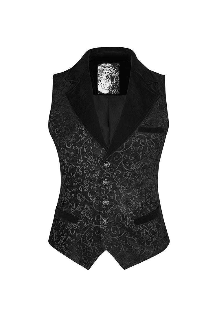 Black Jacquard Velvet Gothic Vintage V Collar Print Mens Vest - Product - 5