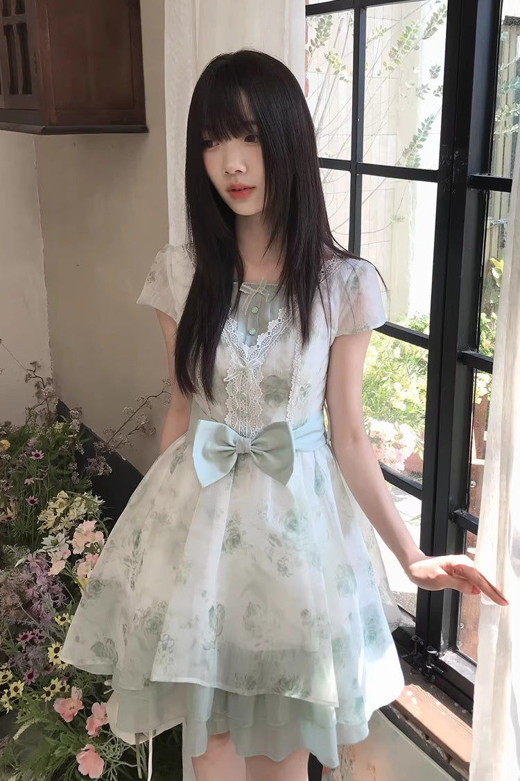 Green Short Sleeves Floral Printed Bow Lace Sweet Princess Lolita Dress - Product - 2