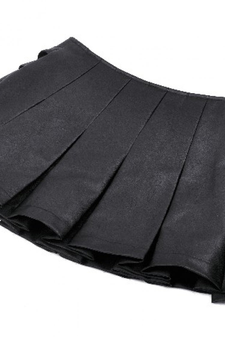 Black Low Waisted Buckle-Up Women's Punk PU Leather Pleated Mini Skirt - Product - 15
