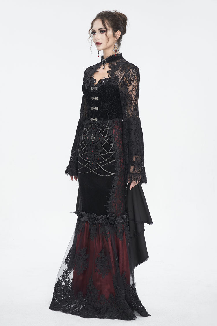 Black Long Trumpet Sleeves Stitching Lace Women's Gothic Blouse - Product - 5