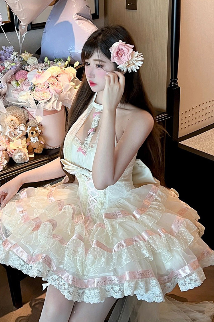 Beige [Ballet Dream] Halterneck Triple-Layered Ruffle Bowknot Lace-Up Sweet Princess Lolita Dress - Product - 9