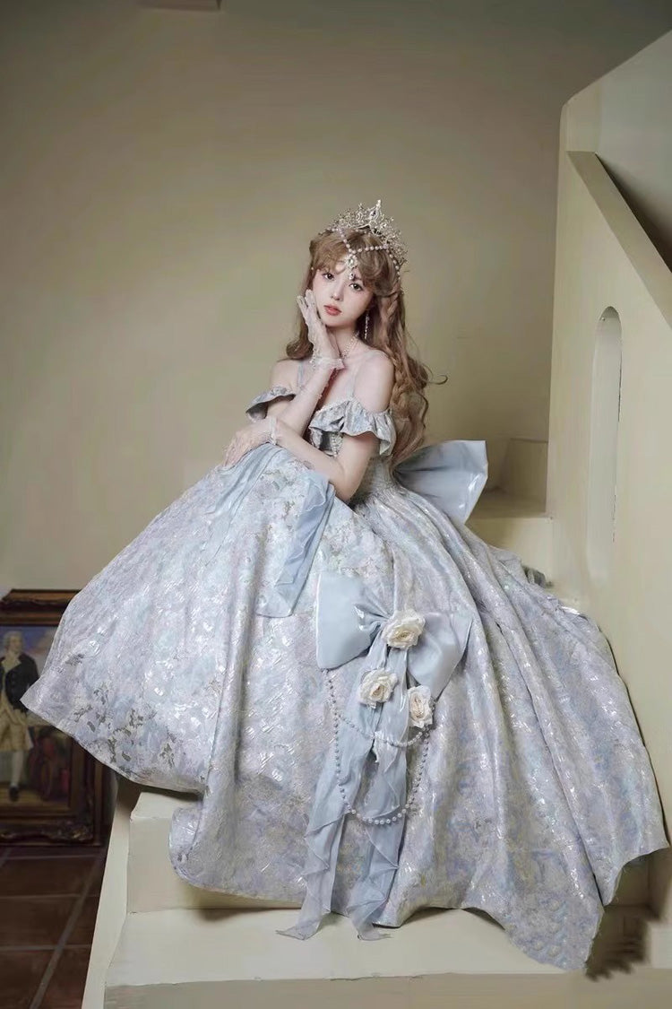 Off Shoulder Print Hanayome Embroidery Bowknot Sweet Princess Lolita Dress 2 Colors - Product - 9