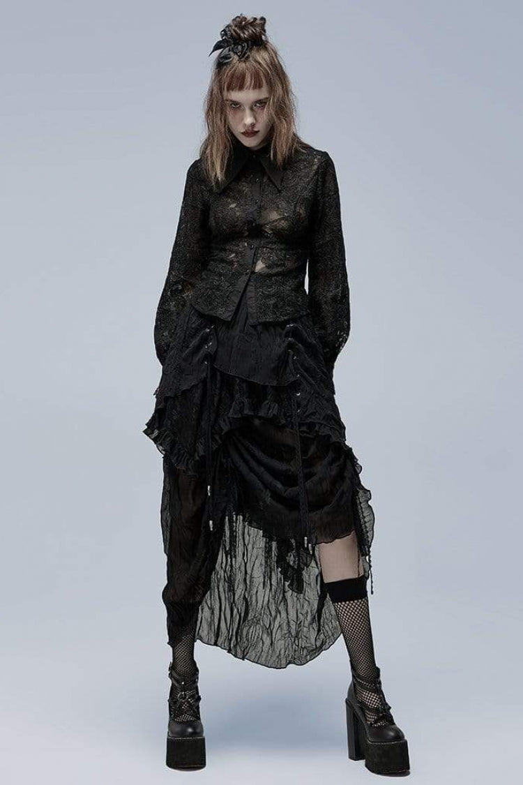 Black Lapel Collar Long Puff Sleeves Hollow Embroidery Womens Gothic Blouse - Product - 4