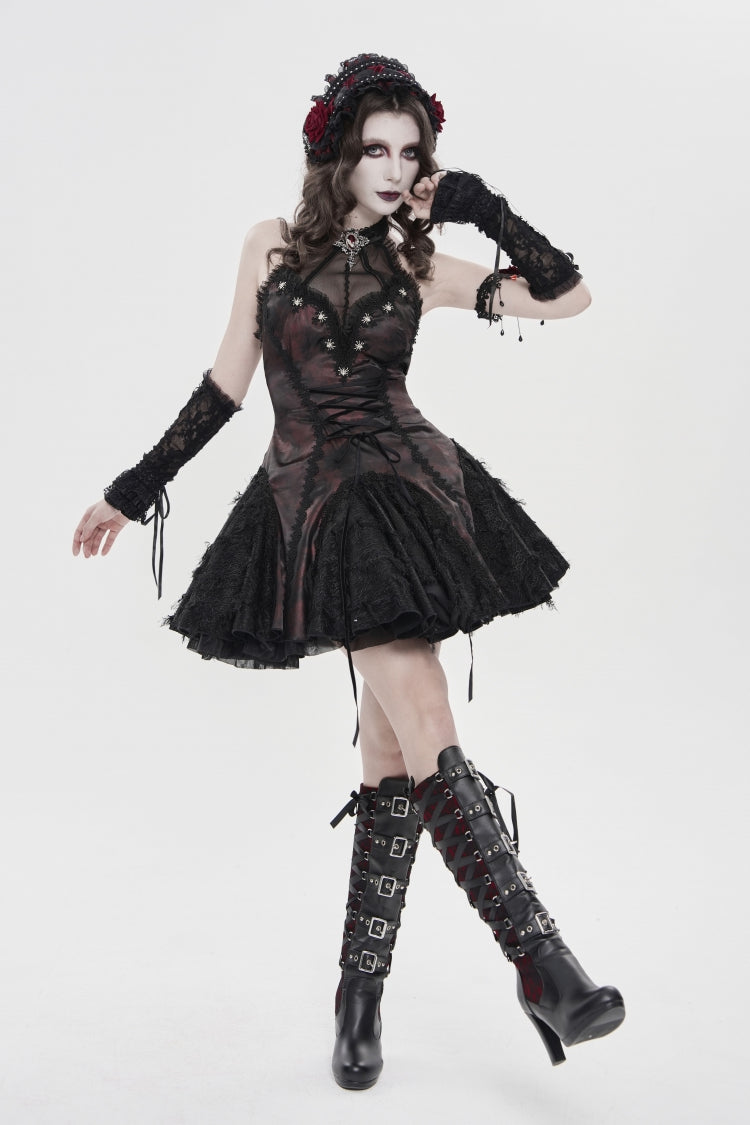 Black/Red Off Shoulder Sleeveless Printed Spliced Lace Lace-Up Pleated Women's Gothic Dress - Product - 6