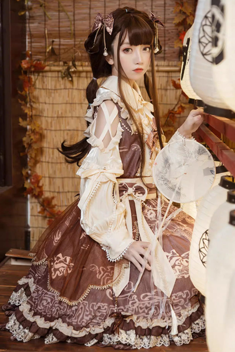 Brown [Yuelong Poetry] Print Ruffle Lace Sweet Chinese Style Lolita Jsk Dress - Product - 2