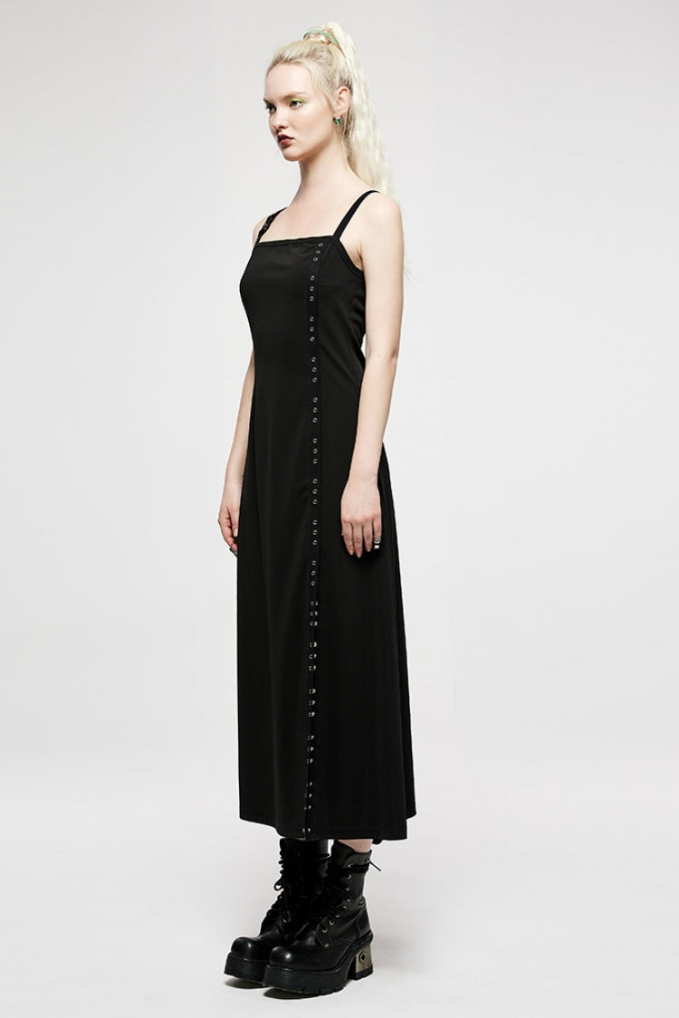 Black Slim Women's Metal Button Side Slit Maxi Slip Punk Dress - Product - 2