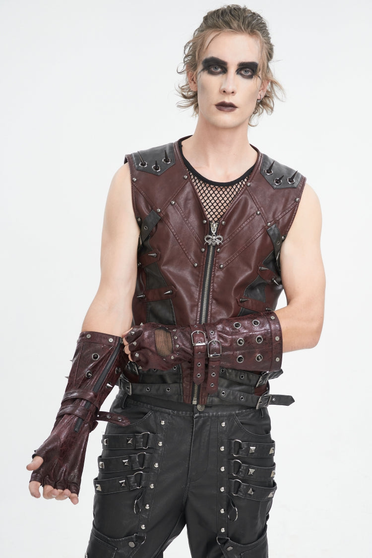 Red Spliced Mesh Studded Buckled Men's Gothic Accessory Half-finger Gloves - Product - 10