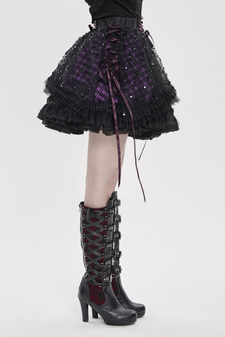 Black/Purple Multi-Layered Lace Lace-Up Women's Gothic Skirt - Product - 7