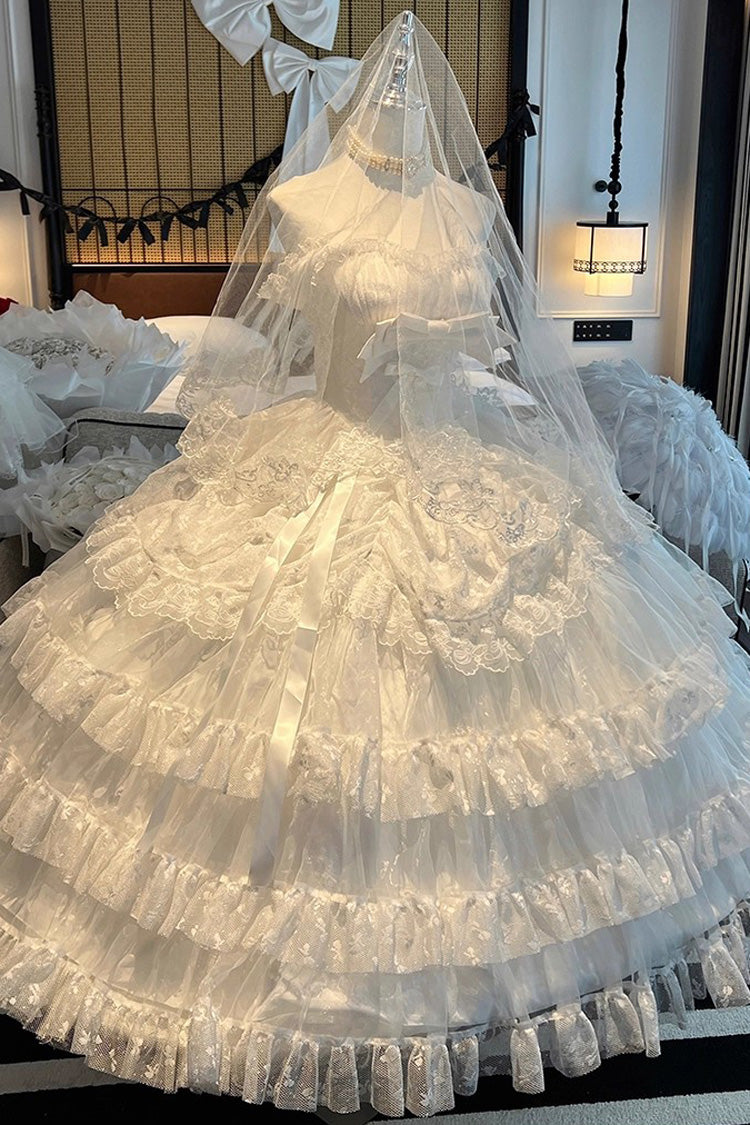 White [Maiden Lace] Off Shoulder Triple-Layered Ruffle Hanayome Bowknot Lace Sweet Lolita Jsk Dress - Product - 7