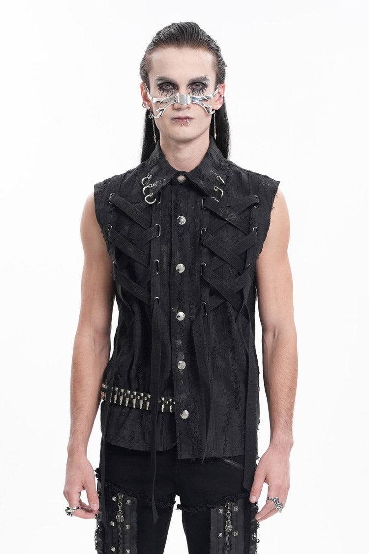 Black Lapel Collar Sleeveless Lace-Up Ripped Ring Men's Gothic Vest - Black - 1