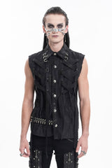 Black Lapel Collar Sleeveless Lace-Up Ripped Ring Men's Gothic Vest - Black - 1