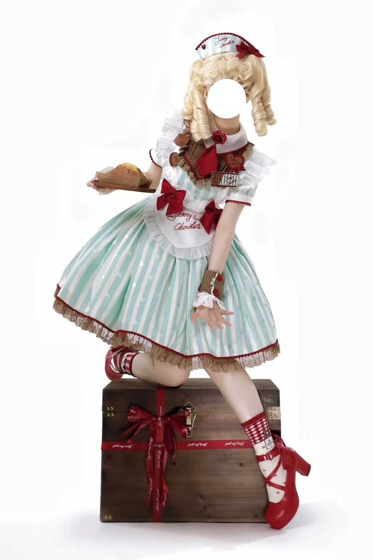 Green [Jenny's Chocolate] Short Sleeves Vertical Stripes Print Ruffle Bowknot Sweet Lolita Dress - Product - 4