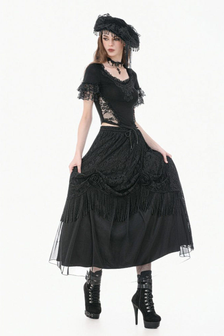 Black Women's Gothic Square Collar Double-Layered Lace Short Sleeves Embroidered Slim Fit Top - Product - 2