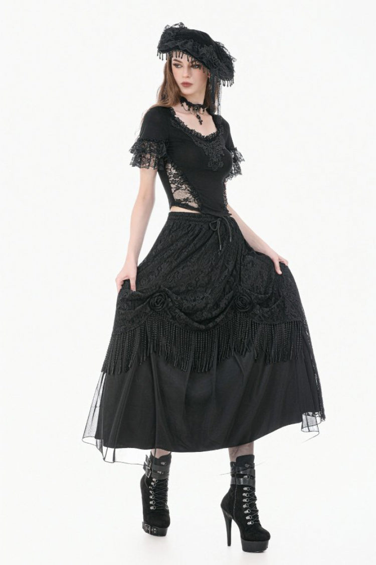 Black Women's Gothic Square Collar Double-Layered Lace Short Sleeves Embroidered Slim Fit Top - Product - 2