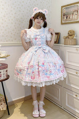 Blue [Cute Rabbit Sweet Cake] Print Ruffle Bowknot Lace Sweet Lolita Jsk Dress - Product - 3
