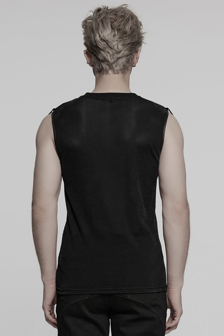 Black Round Collar Sheer Mesh Color Matching Rivet Men's Punk Vest - Product - 3