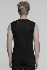 Black Round Collar Sheer Mesh Color Matching Rivet Men's Punk Vest - Product - 3