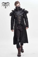 Black Stand Up Collar Shoulder Fur Cape Front Metal Hasp Chest Loops Long Fur Men's Punk Coat - Product - 2
