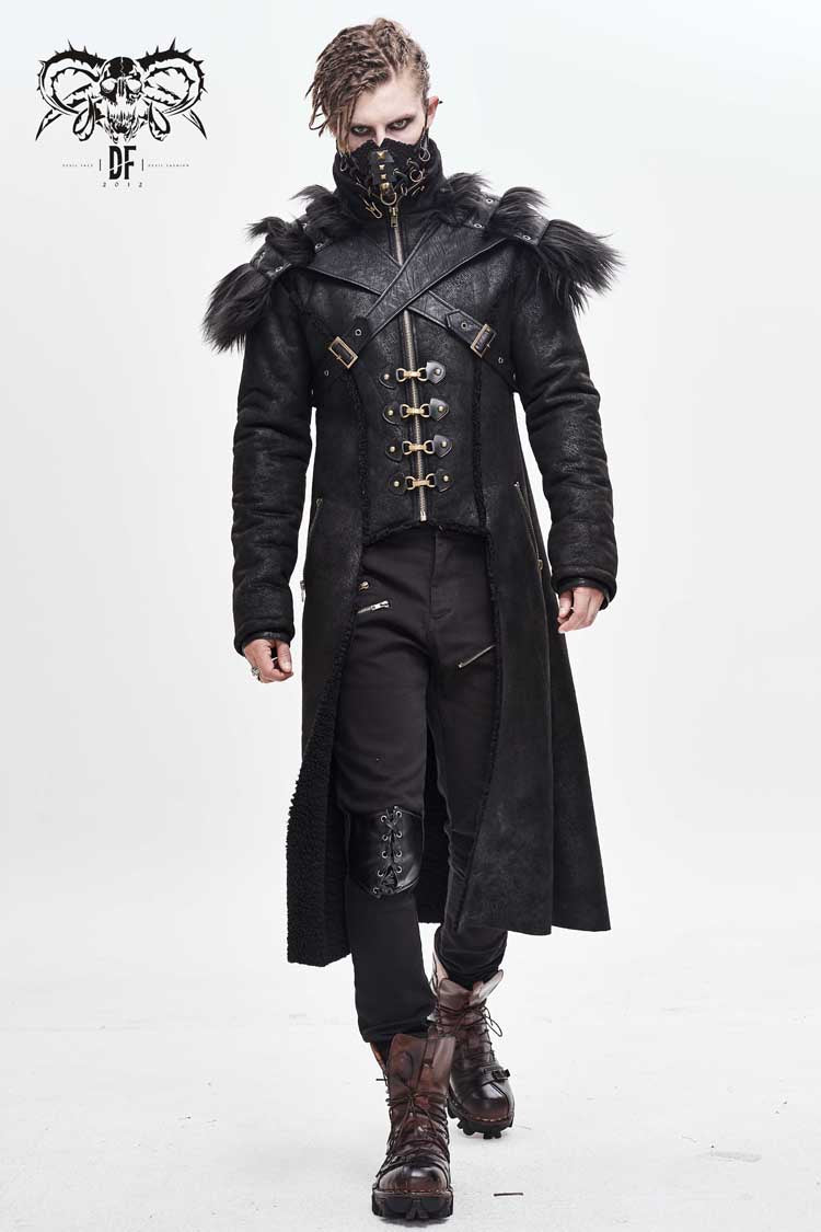 Black Stand Up Collar Shoulder Fur Cape Front Metal Hasp Chest Loops Long Fur Men's Punk Coat - Product - 2