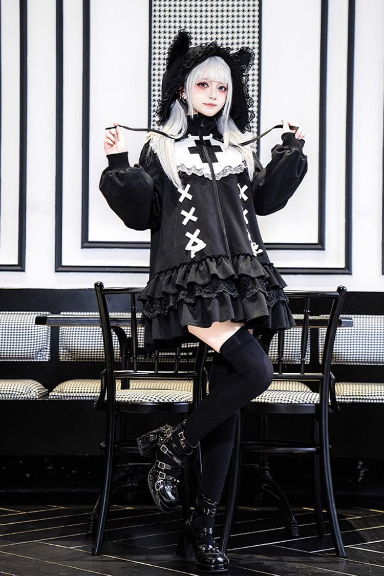 Black Long Sleeves Ruffle Zipper Sweet Handsome Lolita Sweatshirt Coat - Product - 3