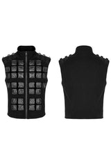 Black Punk High Collar Front Geometric Patterns Splicing Design Shoulder Padded Webbing Buckle Twill Men's Vest - Product - 5
