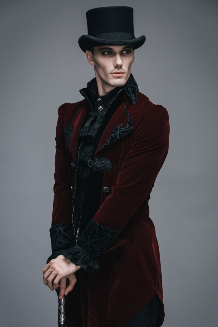 Wine Formal Party Turn Down Collar Long Sleeves Mens Gothic Swallowtail Coat - Product - 14