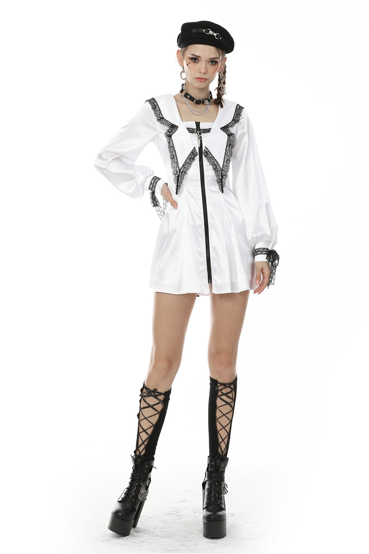White Lapel Collar Long Sleeves Lace Lace-Up Zippered Women's Asceticism Dark JK Dress - Product - 6
