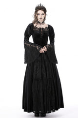 Black Long Puff Sleeves Spliced Lace Lace-Up Women's Gothic Vintage Velvet Wedding Dress - Black - 1