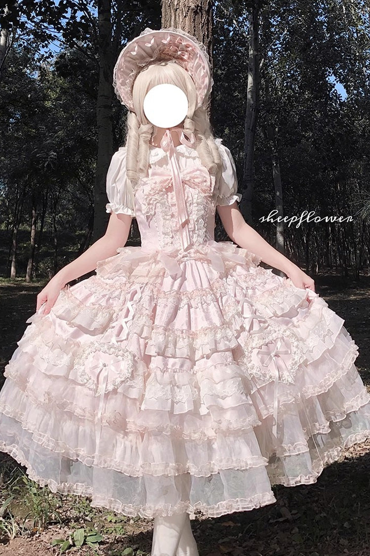 Pink [Sweetheart Diary] Multi-Layered Ruffle Hanayome Embroidery Bowknot Lace Sweet Lolita Jsk Dress - Product - 6