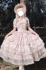 Pink [Sweetheart Diary] Multi-Layered Ruffle Hanayome Embroidery Bowknot Lace Sweet Lolita Jsk Dress - Product - 6