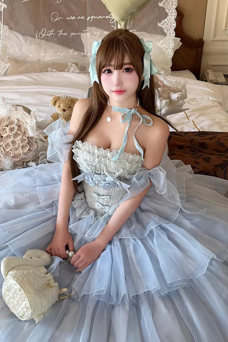 Blue [Mousse Love Song] Sleeveless Multi-Layered Ruffled Hanayome Bow Sweet Lolita Dress - Product - 7