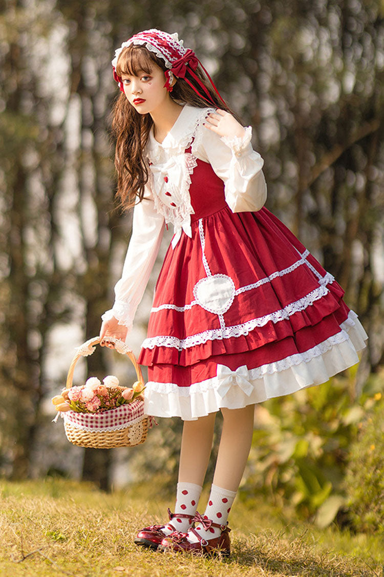 Wine Red Lace Stitching High Waisted Bowknot Ruffled Sweet Lolita Jsk Dress - Product - 6