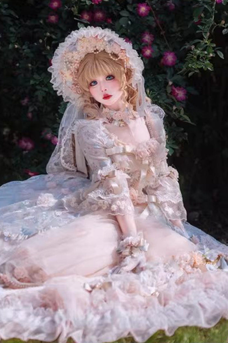 ブルー／ピンク [Rose Blossom Banquet] ティアード プリント フリル 花嫁風 リボン レース スウィート 大きいサイズ プリンセス 華やか ロリータワンピース 商品画像