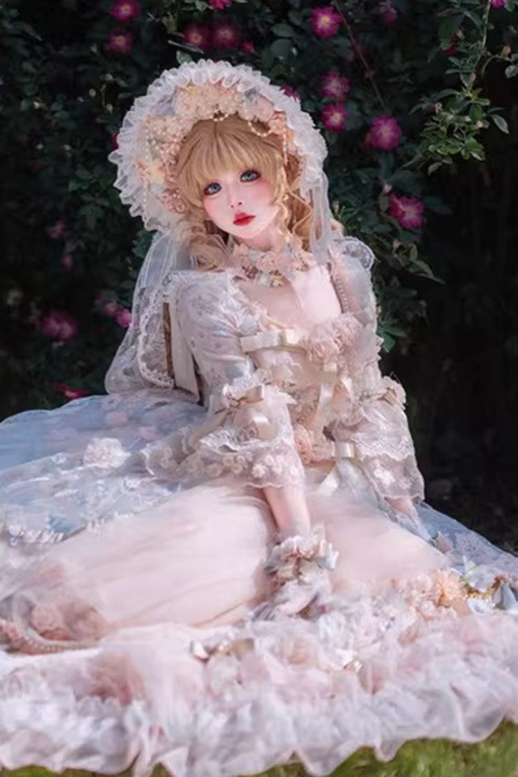 Blue/Pink [Rose Blossom Banquet] Multi-Layered Printed Ruffled Hanayome Bow Lace Sweet Plus Size Princess Gorgeous Lolita Dress - Product - 6