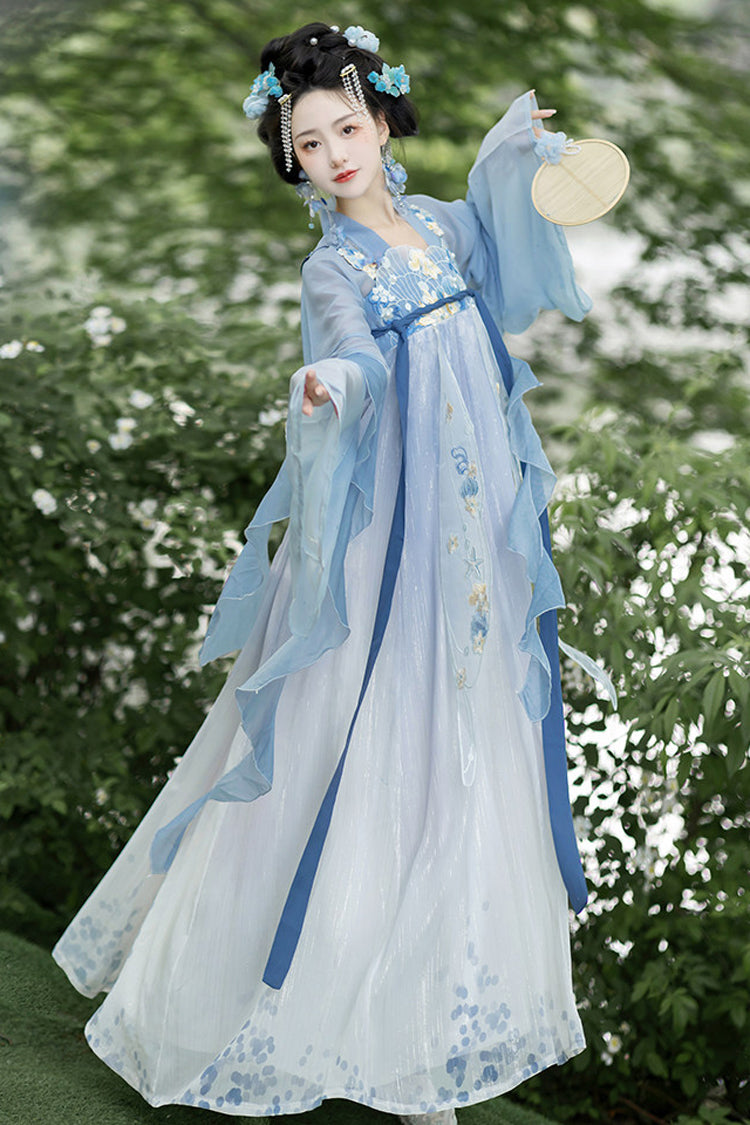 Blue [Princess Of The Sea] Hime Sleeves High Waisted Embroidered Women's Sweet Hanfu Dress Set - Product - 4