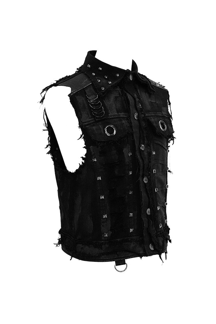 Black Heavy Metal Rivet Back Printed Coarse Twill Worn Out Men's Punk Waistcoat - Product - 9