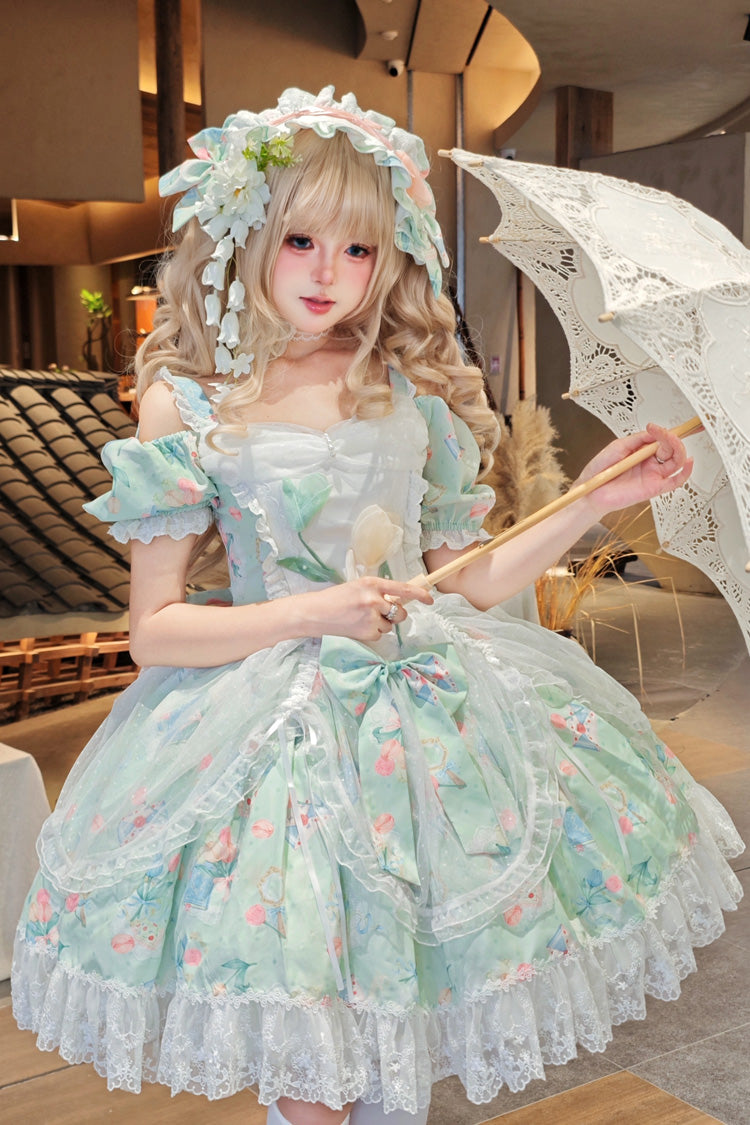 Green [Tulip's Letter] Off Shoulder Short Sleeves Print Ruffle Bowknot Lace Sweet Elegant Lolita Dress - Green - 1