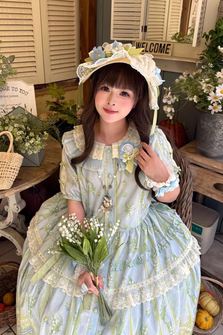Blue/Green [Lily of the Valley Perfume] Pearl Candy Tea Doll Collar Short Sleeves Printed Lace Plus Size Sweet Lolita OP Dress - Product - 8