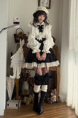 Black/White Long Sleeves Plaid Printed Lace Lace-Up Sweet Jirai Kei Skirt Set - Product - 6