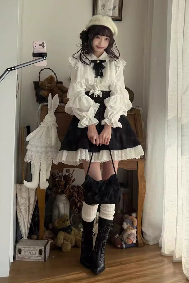 Black/White Long Sleeves Plaid Printed Lace Lace-Up Sweet Jirai Kei Skirt Set - Product - 6