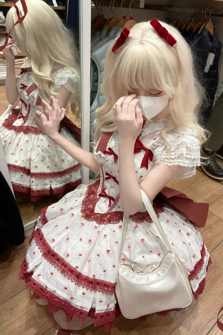 Wine Red [First Love Rose] Multi-Layered Print Ruffle Bowknot Lace Sweet Lolita Jsk Dress Set - Product - 6