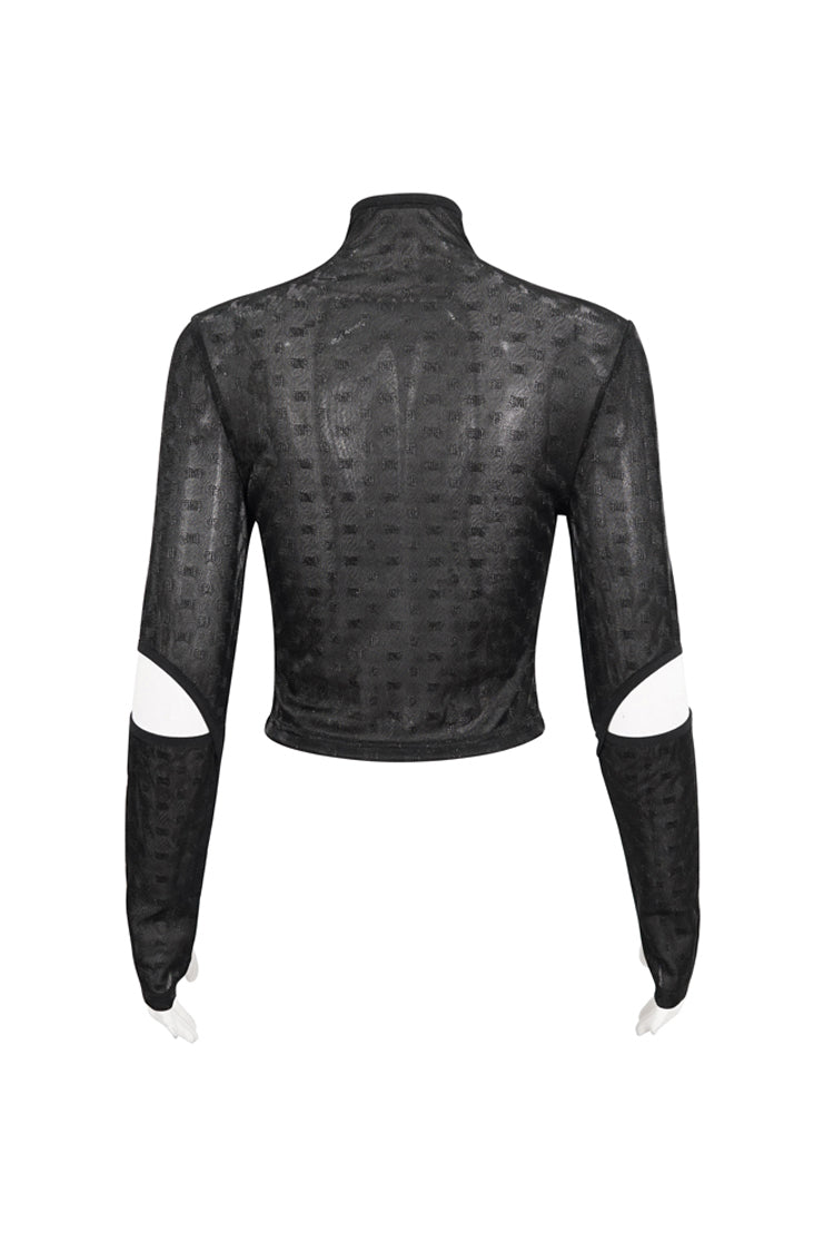 Black Mid-High Collar Front Neck Zipper Hanging Chain Mesh Fabric Long Sleeve Women's Punk T-Shirt - Product - 2